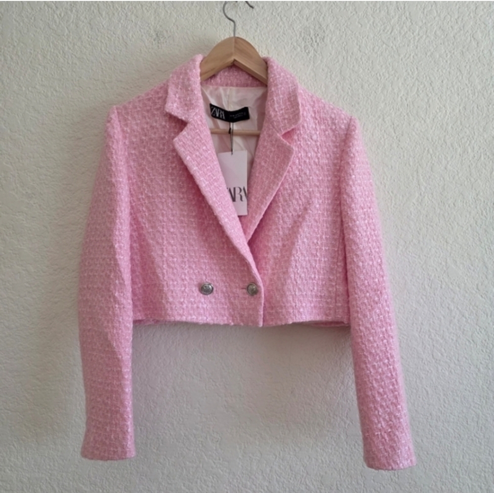 Zara Tweed Textured Cropped Blazer Pink Size XS - Picture 15 of 16